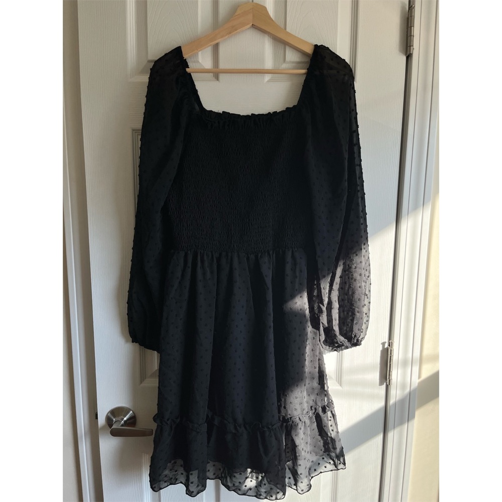 Swiss Dot Lantern Sleeve Shirred Ruffle Hem Chiffon Dress